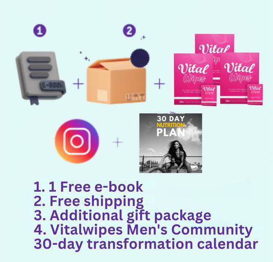 1× eBook + 3× Free Packs + Access to the Vitalwipes Men's Community + Free Priority Shipping + 30-Day Transformation Calendar